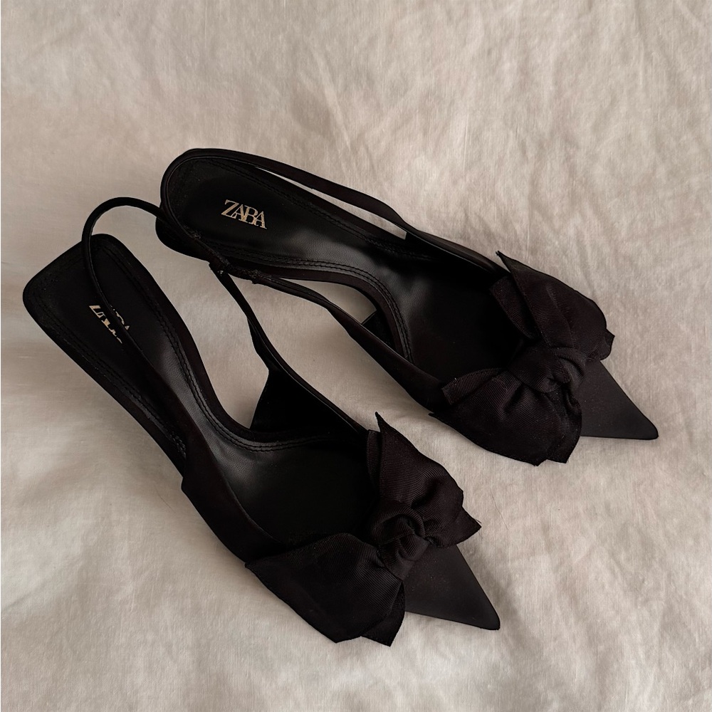 Zara Black Pointed Toe Slingback Heels with Bow